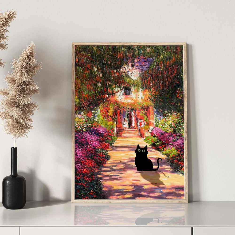 Monet Grădină Cat De Imprimare Claude Monet Flori Cat Poster Florale Pisica Amuzant Cadou Perete Pictura Panza Decor Acasă Poster