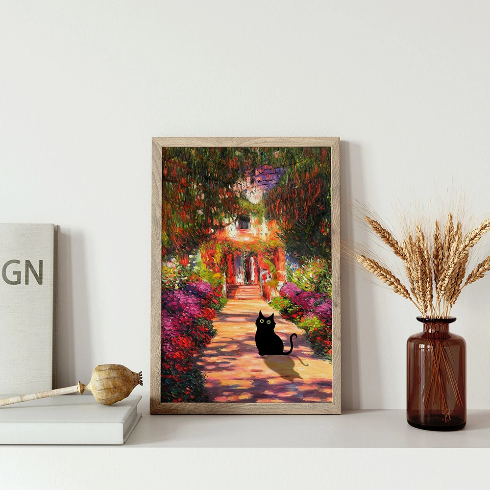 Monet Grădină Cat De Imprimare Claude Monet Flori Cat Poster Florale Pisica Amuzant Cadou Perete Pictura Panza Decor Acasă Poster